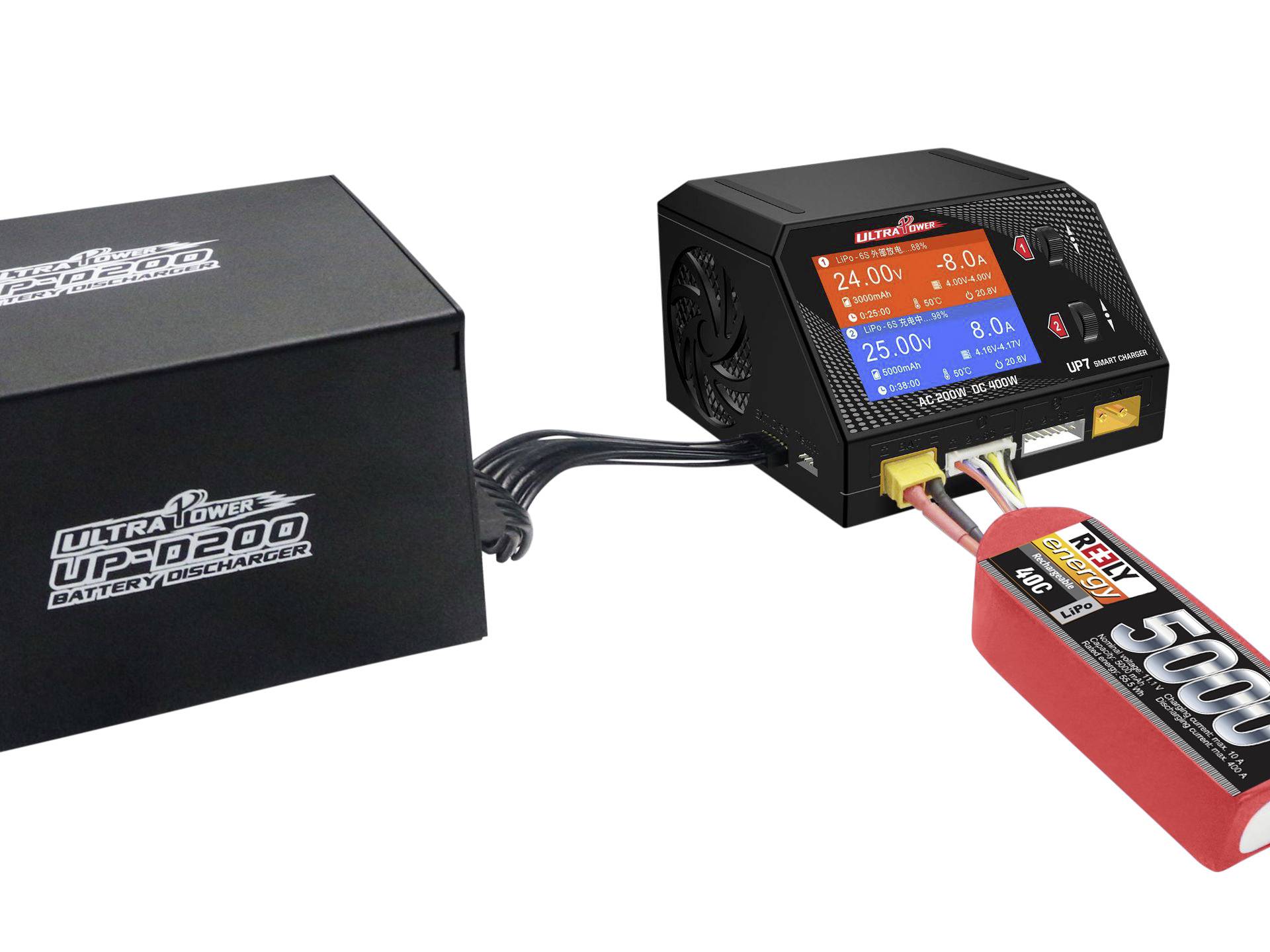 La batterie lithium-polymère est connectée à un chargeur. Le chargeur affiche les informations de charge sur un écran.