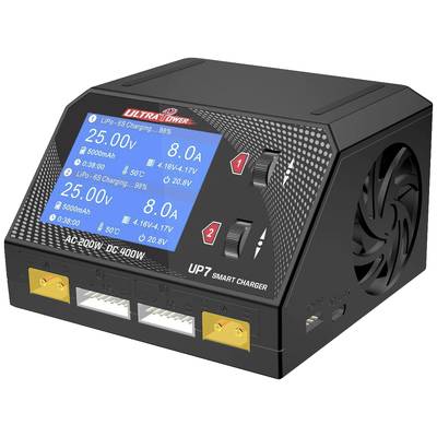 Chargeur noir avec deux affichages numériques indiquant les informations de charge pour deux canaux séparés. Ventilateur sur le côté.