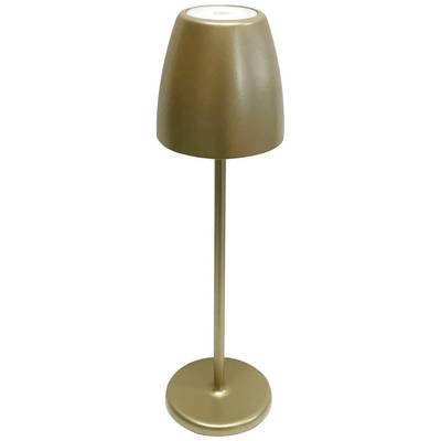 Lampe de table dorée avec abat-jour cylindrique et base étroite et haute sur un socle rond.