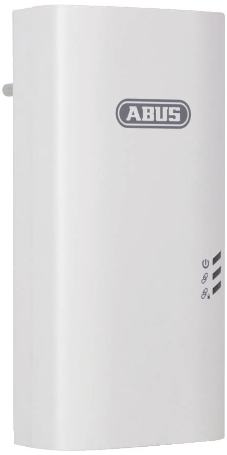 Un appareil blanc rectangulaire portant le logo 'ABUS' et plusieurs voyants LED sur sa façade.