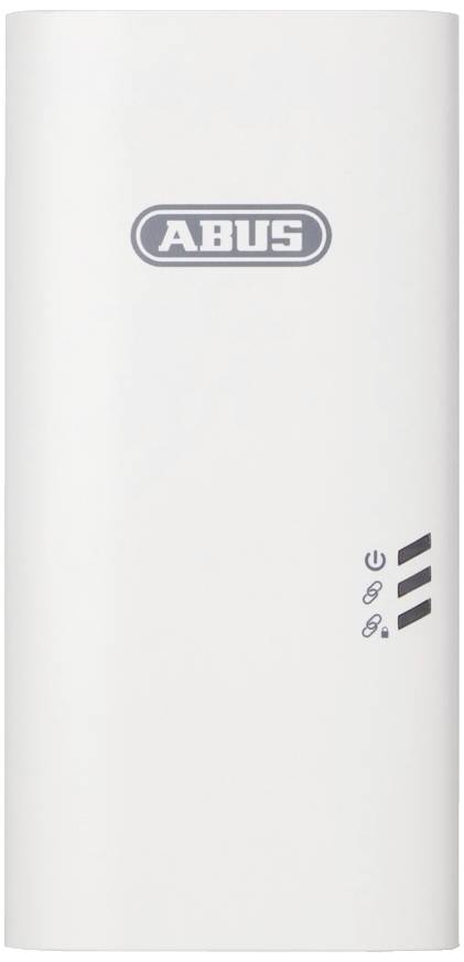Batterie externe blanche avec logo 'ABUS'. Trois symboles indiquent le statut : Alimentation, Capacité de charge et Connexion.