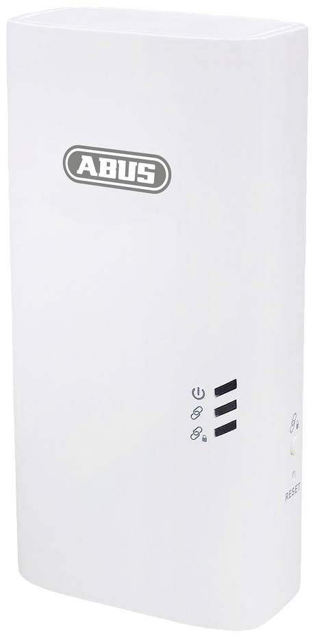 Appareil blanc avec le logo Abus, petit voyant lumineux et un petit bouton de réinitialisation, probablement un composant d'un système de sécurité.