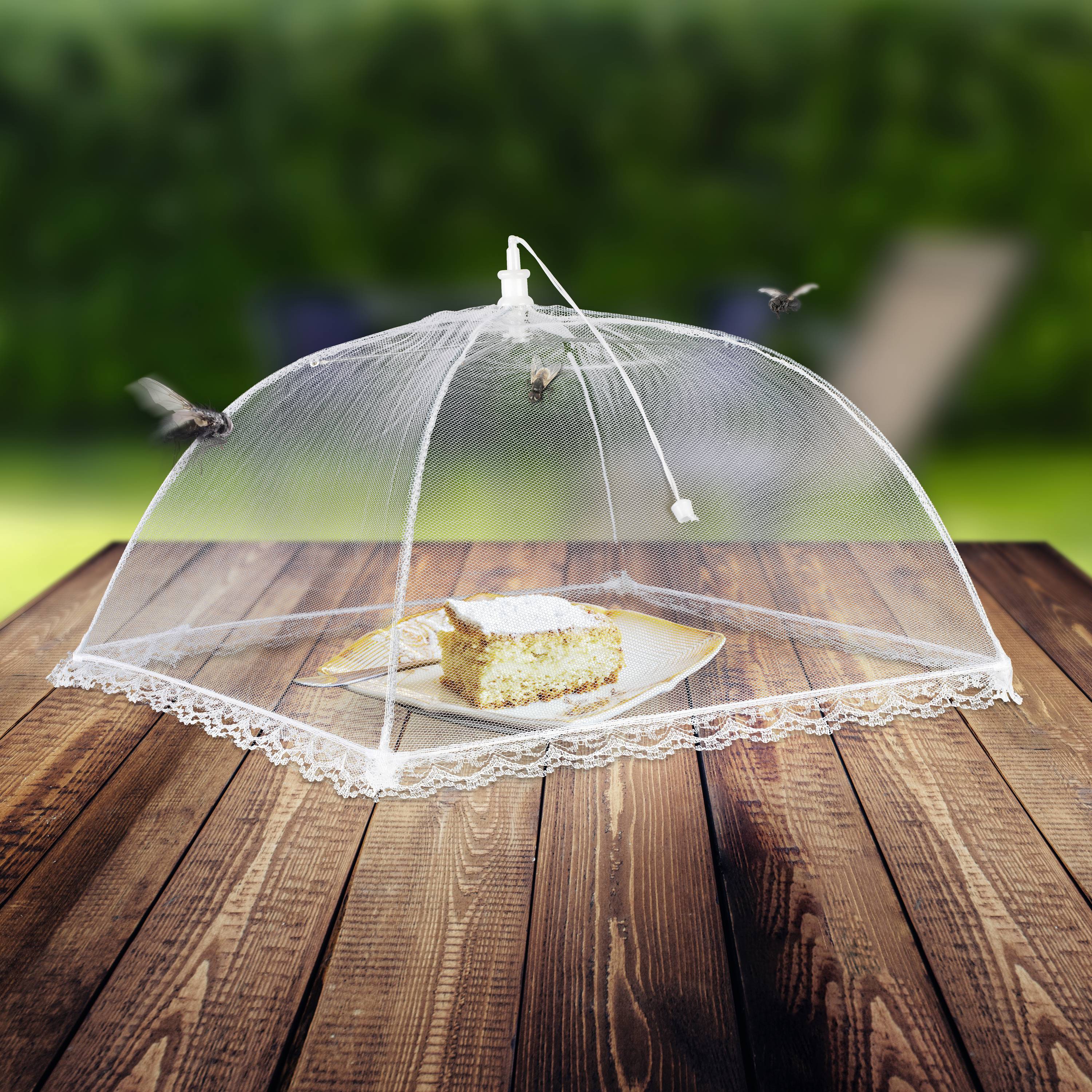 Un morceau de gâteau est posé sur une assiette sur une table en bois, recouvert d'un voile blanc et transparent qui protège contre les insectes, pour tenir les mouches à distance.