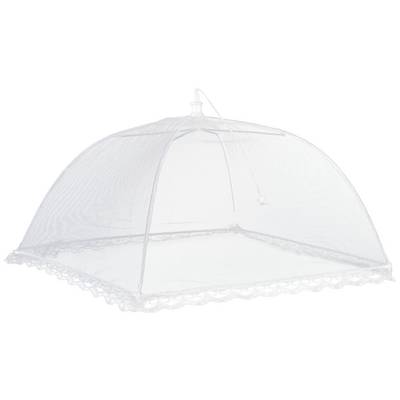 Couvre-plat carré blanc en maille fine, conçu pour protéger les aliments des insectes, avec un bord dentelé.