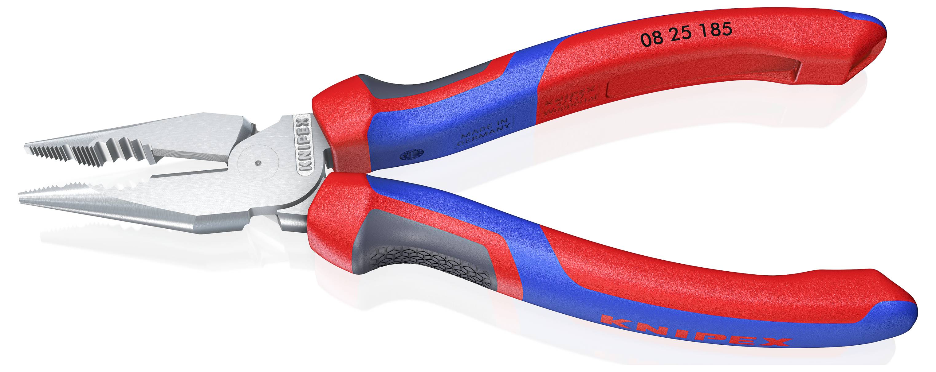 Pince en acier inoxydable avec poignées rouges et bleues, adaptée à diverses tâches de préhension et de coupe.