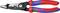 Une paire de pinces Knipex avec des poignées rouges et bleues, dotées de sections de coupe et dénudage de fils électriques, marquées avec des détails de taille et de matériau.