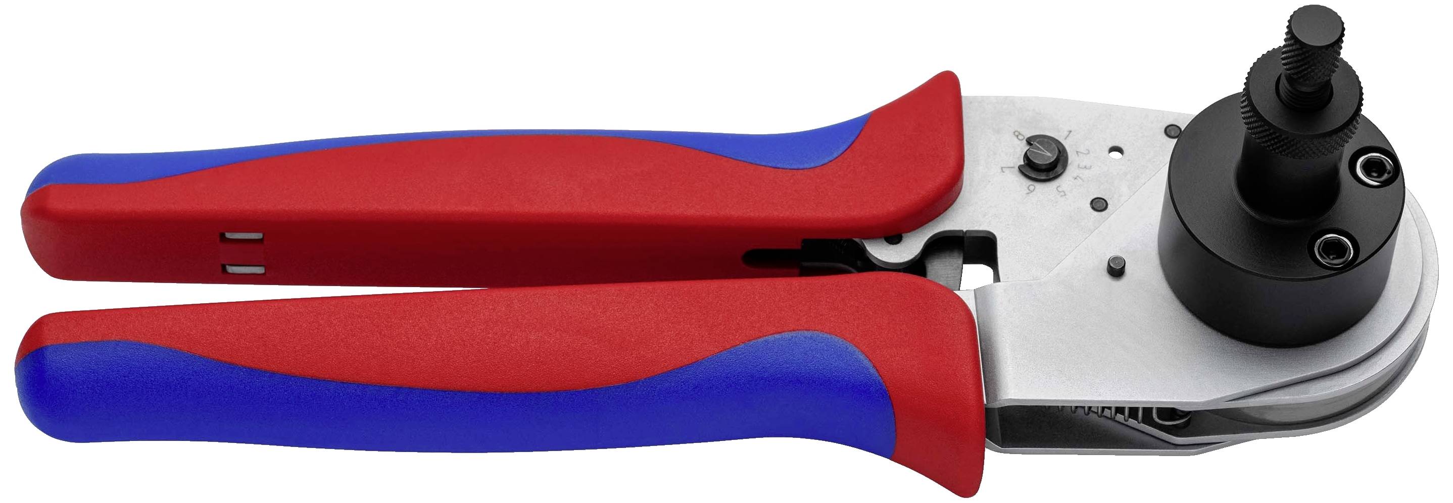 Pince à sertir pour câbles avec poignées rouge et bleue, adaptée à la connexion de câbles par sertissage.