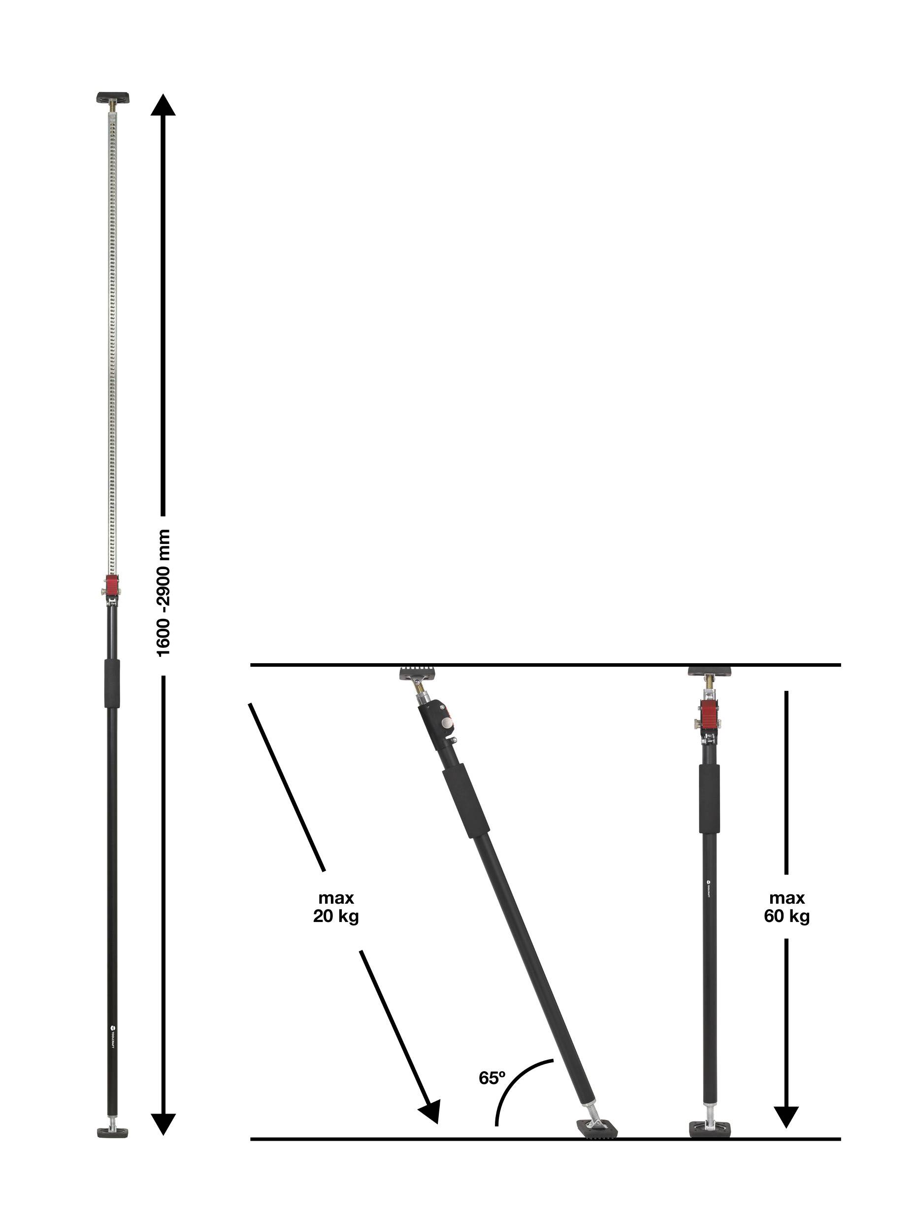 'Tige de pression à longueur réglable de 1600 à 2900 mm. Capacité de charge : max. 20 kg en position inclinée, 60 kg en position verticale.'