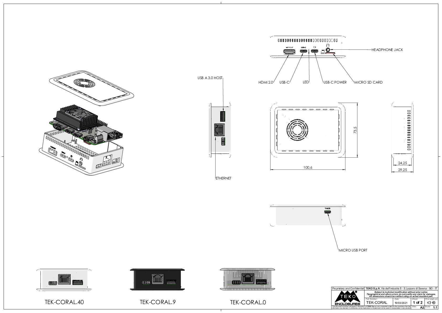 Dessin technique d'un boîtier TEK-CORAL avec dimensions et connexions : USB, HDMI, LAN, prise audio, Micro-SD.