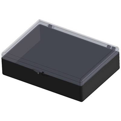 Boîtier noir rectangulaire avec un couvercle transparent, sans inscriptions ni symboles visibles.