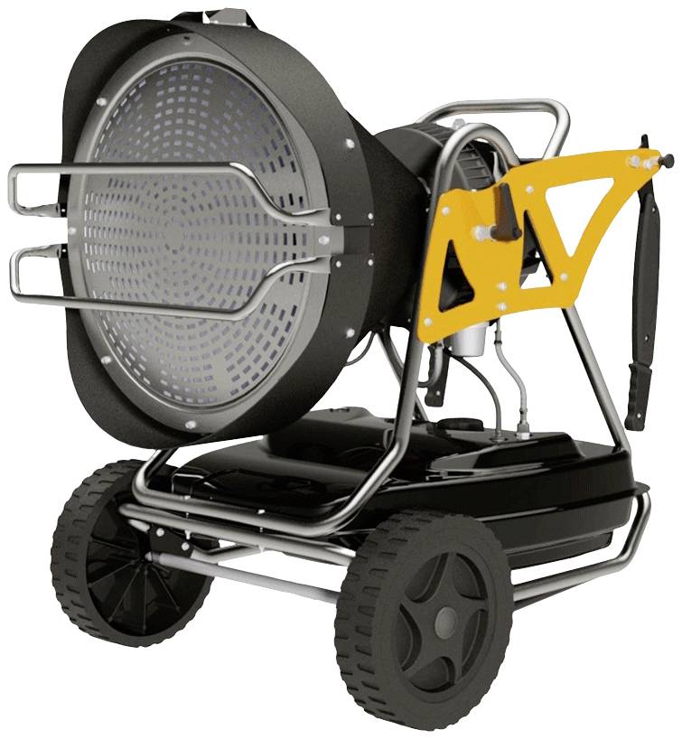 Un grand ventilateur industriel portable monté sur un châssis mobile. Il a un boîtier noir et un support jaune.