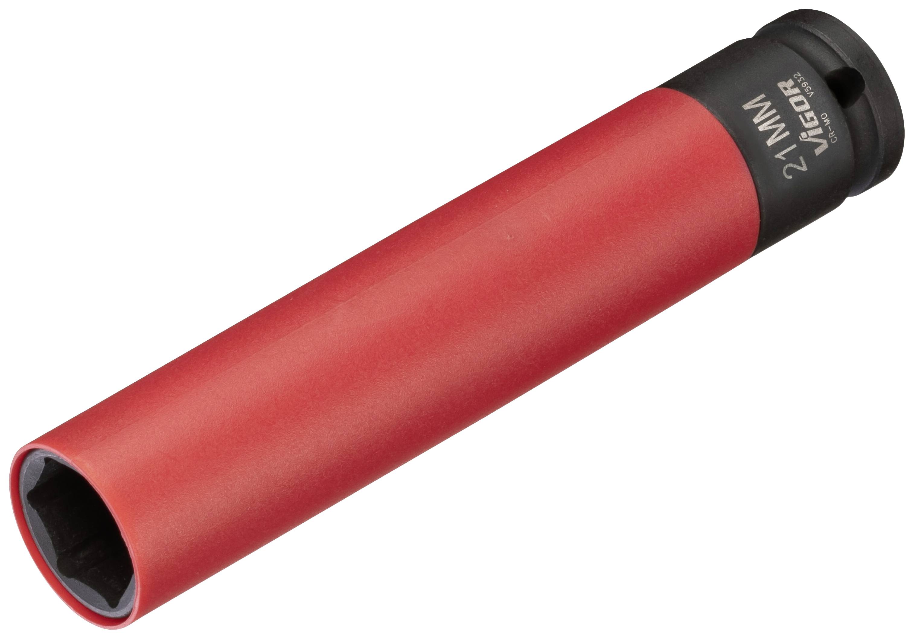Embout de clé à cliquet rouge avec extrémité noire, taille de 21 mm, pour une utilisation dans des travaux mécaniques ou artisanaux.