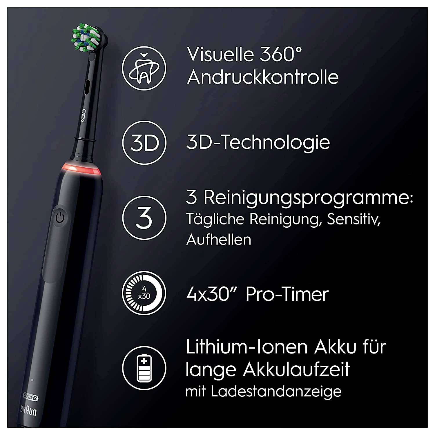 Brosse à dents électrique avec contrôle visuel de la pression à 360°, technologie 3D, 3 programmes de nettoyage, minuterie Pro 4x30", batterie lithium-ion.