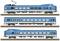 Trois trains de modélisme ferroviaire en bleu et argent, représentés de profil. En haut, une voiture de commande, en dessous deux voitures de passagers. Tous dans le même design.