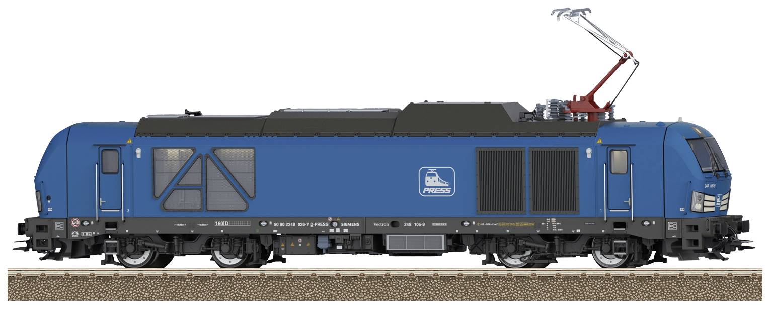 Une locomotive électrique modèle bleue avec un pantographe supérieur, placée sur des rails. Le marquage affiche le logo 'PRESS'.