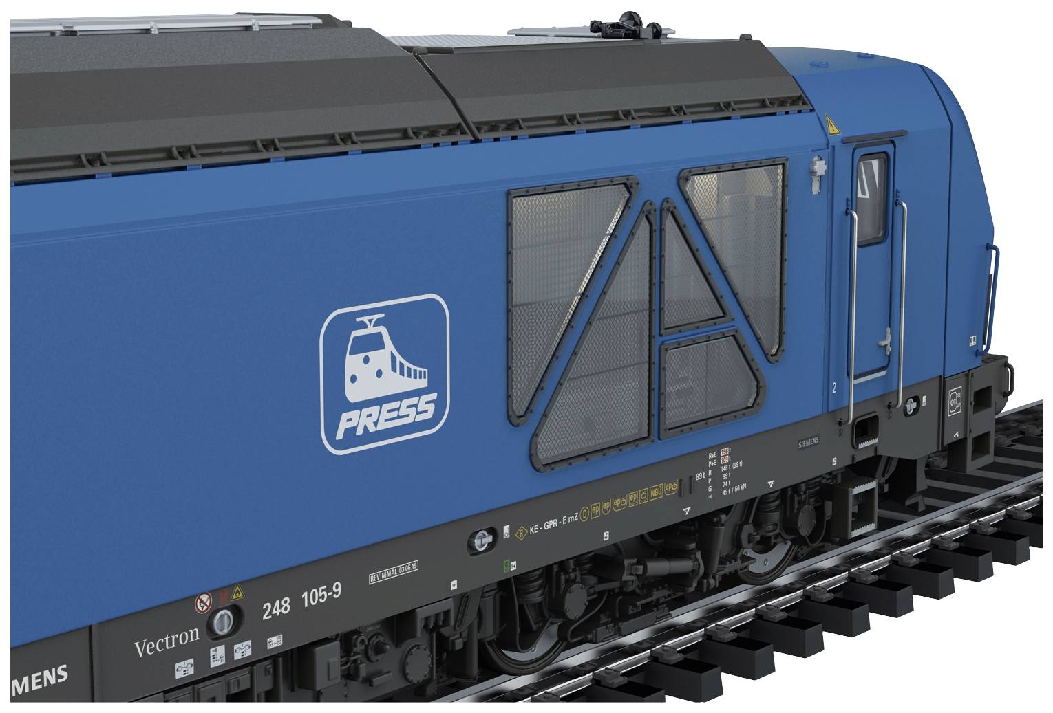 Train bleu de la marque Siemens circulant sur des rails, avec le logo 'PRESS' et un motif stylisé de train sur le côté de la locomotive.