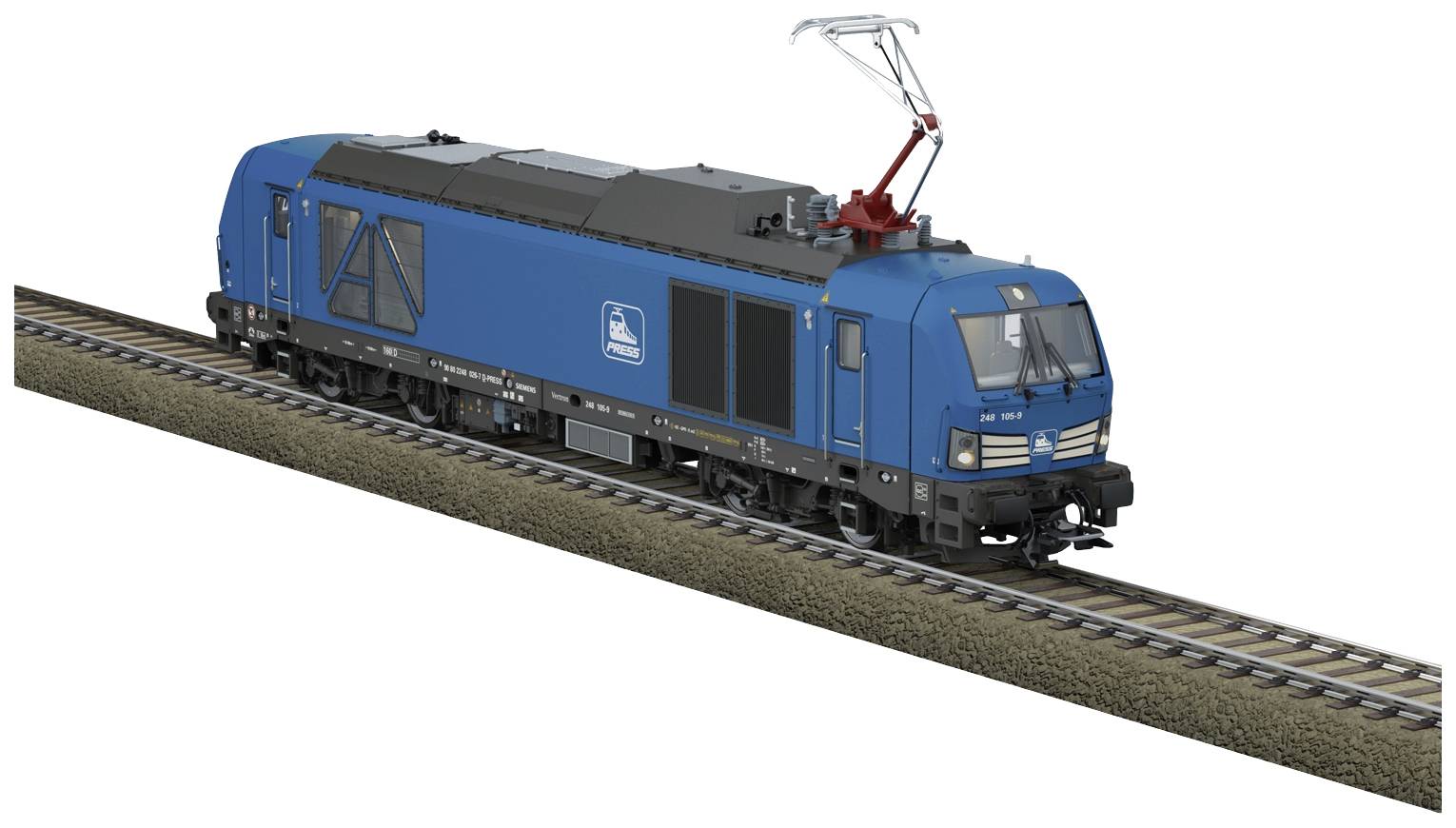 Un train électrique bleu avec un pantographe sur une voie ferrée. Le train présente une forme moderne et aérodynamique.