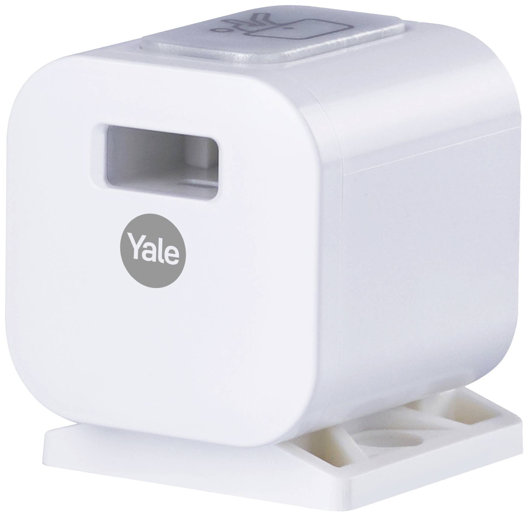 Un capteur de porte rectangulaire blanc de Yale, avec une petite ouverture à l'avant et des coins arrondis, monté sur un socle plat.