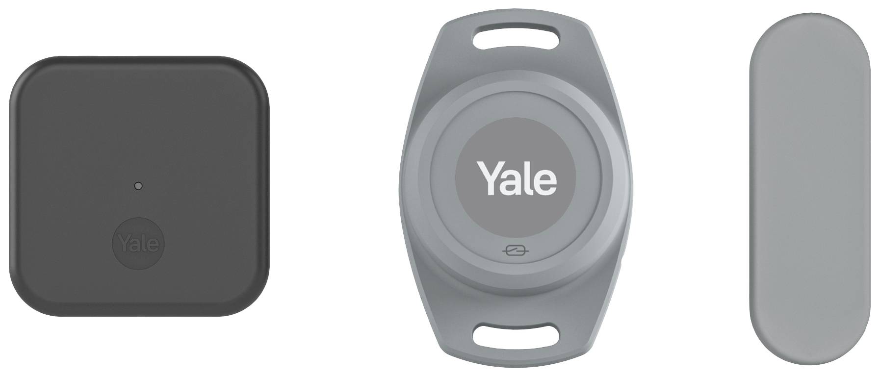 Un appareil domotique carré gris avec le logo 'Yale', à côté d'un accessoire ovale et rond, portant également le logo 'Yale'.