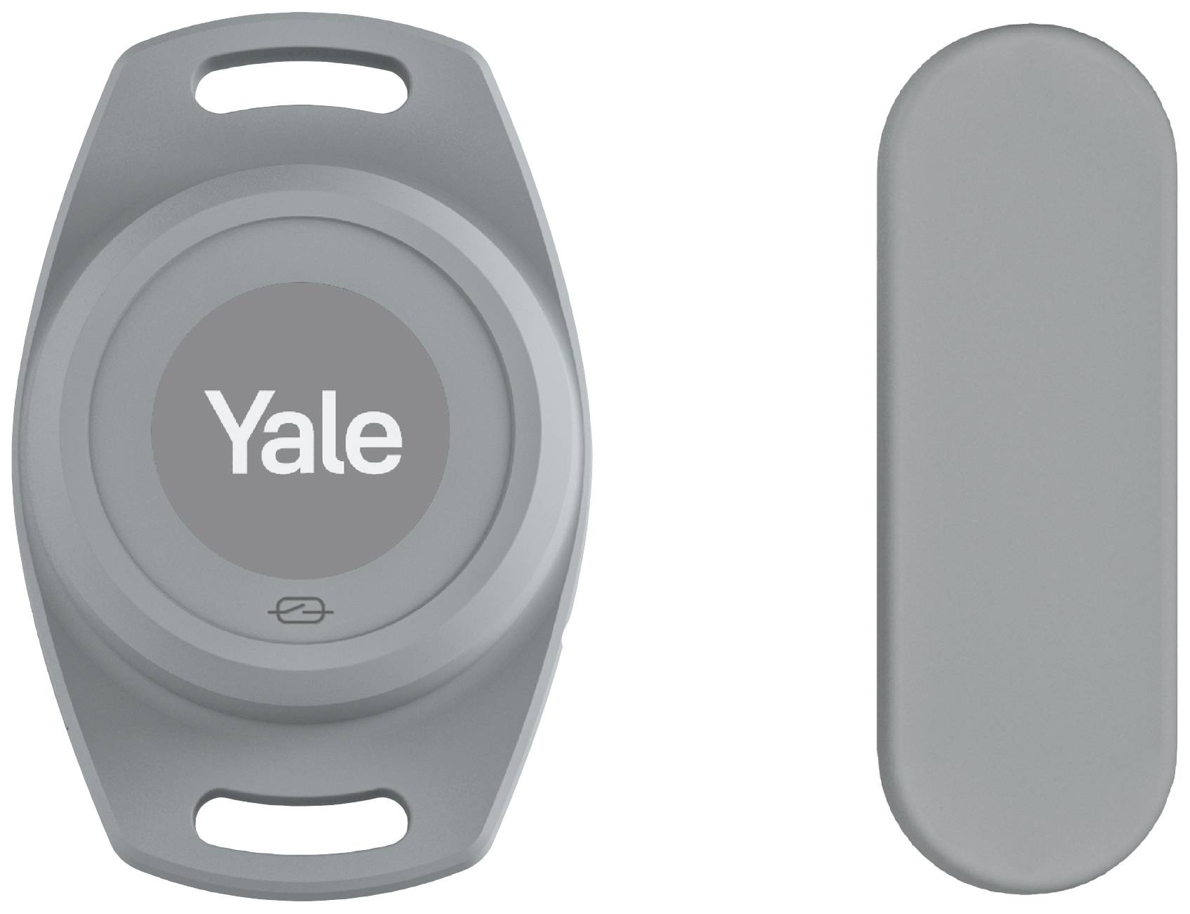 Deux appareils gris et ovales. À gauche : un appareil avec le logo 'Yale', à droite : un appareil allongé et lisse. Probablement des composants d'un système de sécurité.