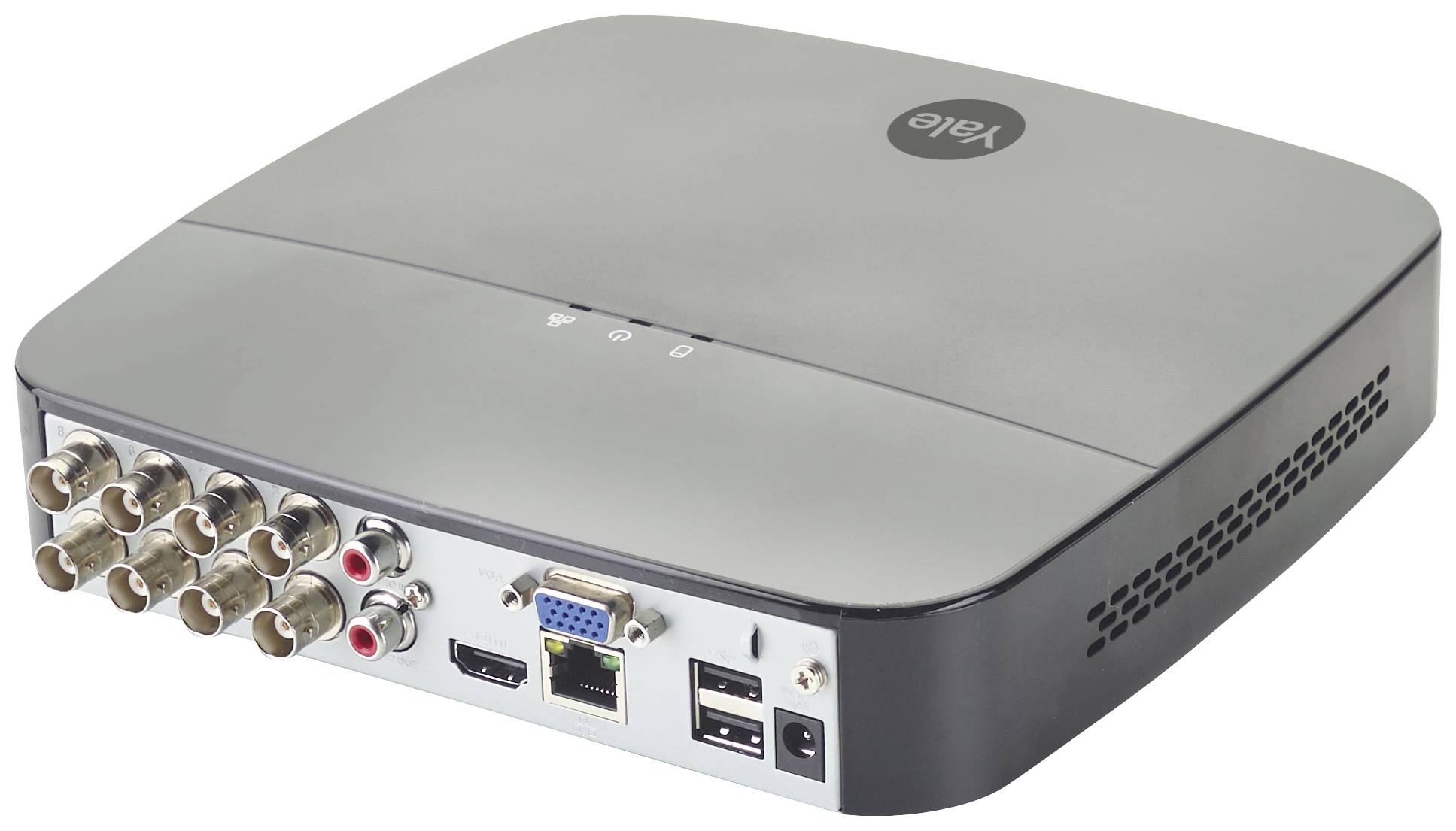 Un DVR gris avec plusieurs entrées vidéo et audio, notamment HDMI et VGA, ainsi qu'un port Ethernet et un port USB.