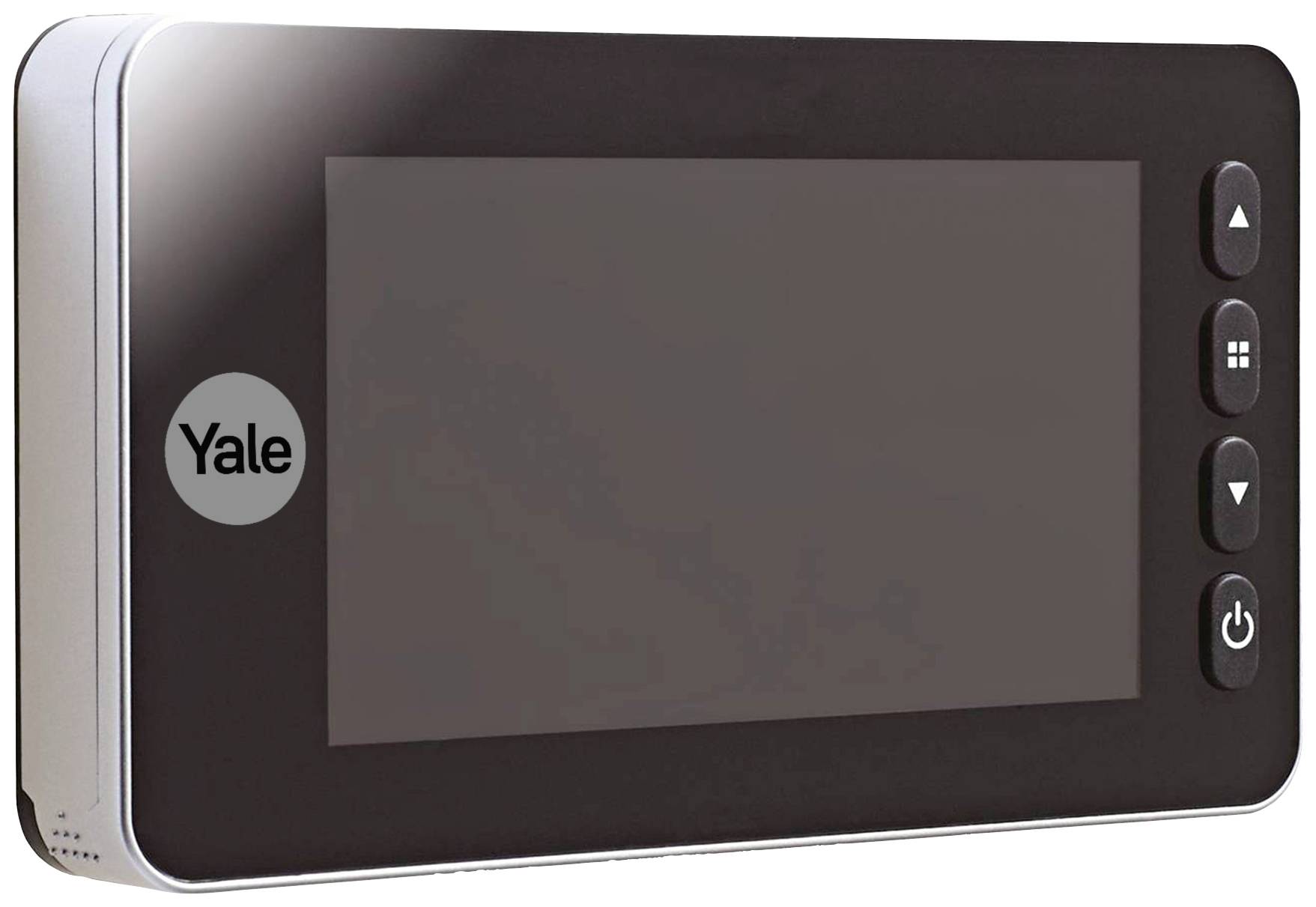 Un dispositif numérique de surveillance de porte de Yale avec un grand écran et des commandes latérales, utilisé pour la surveillance des entrées.