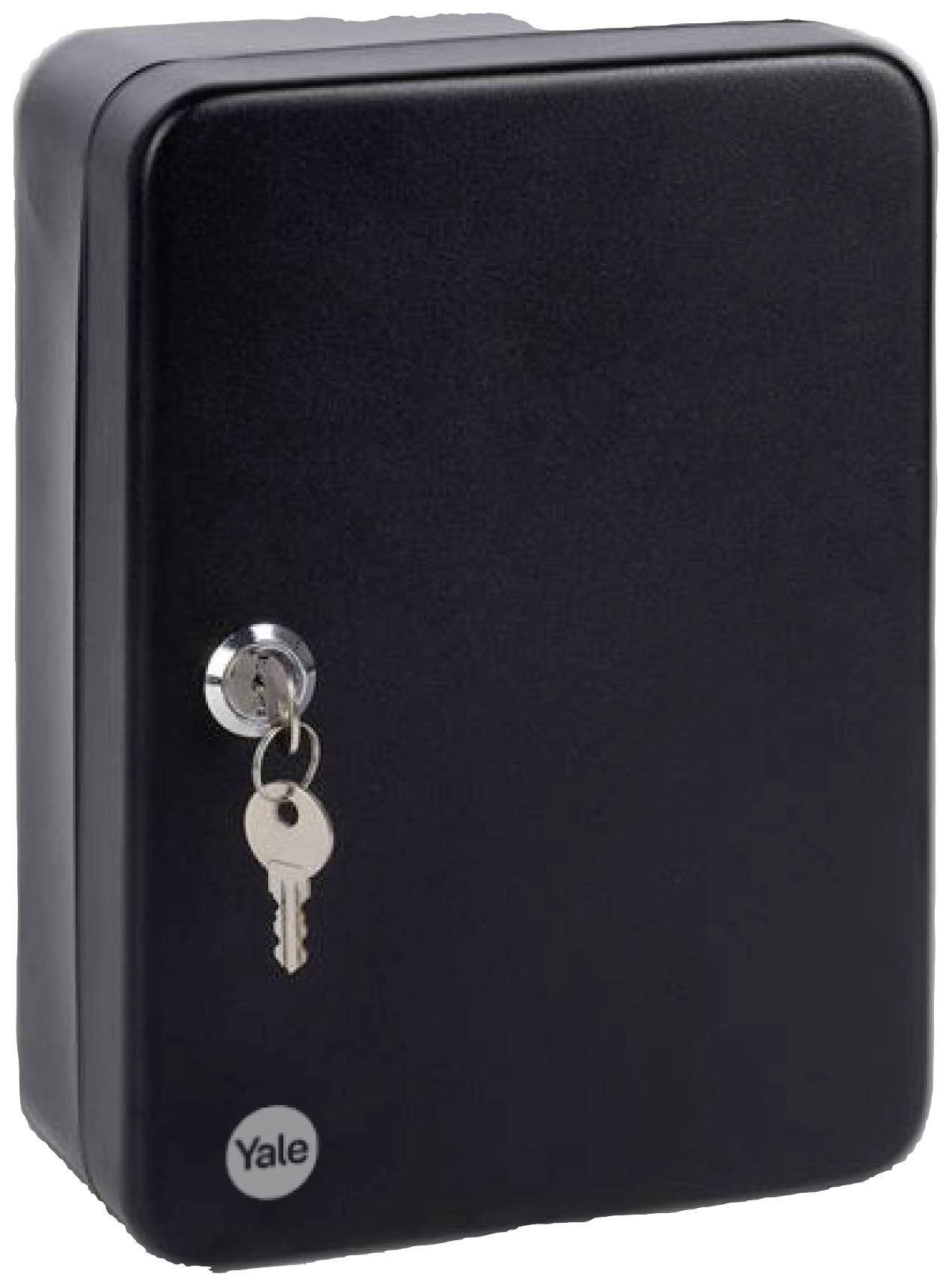 Armoire à clés noire avec une clé dans la serrure.