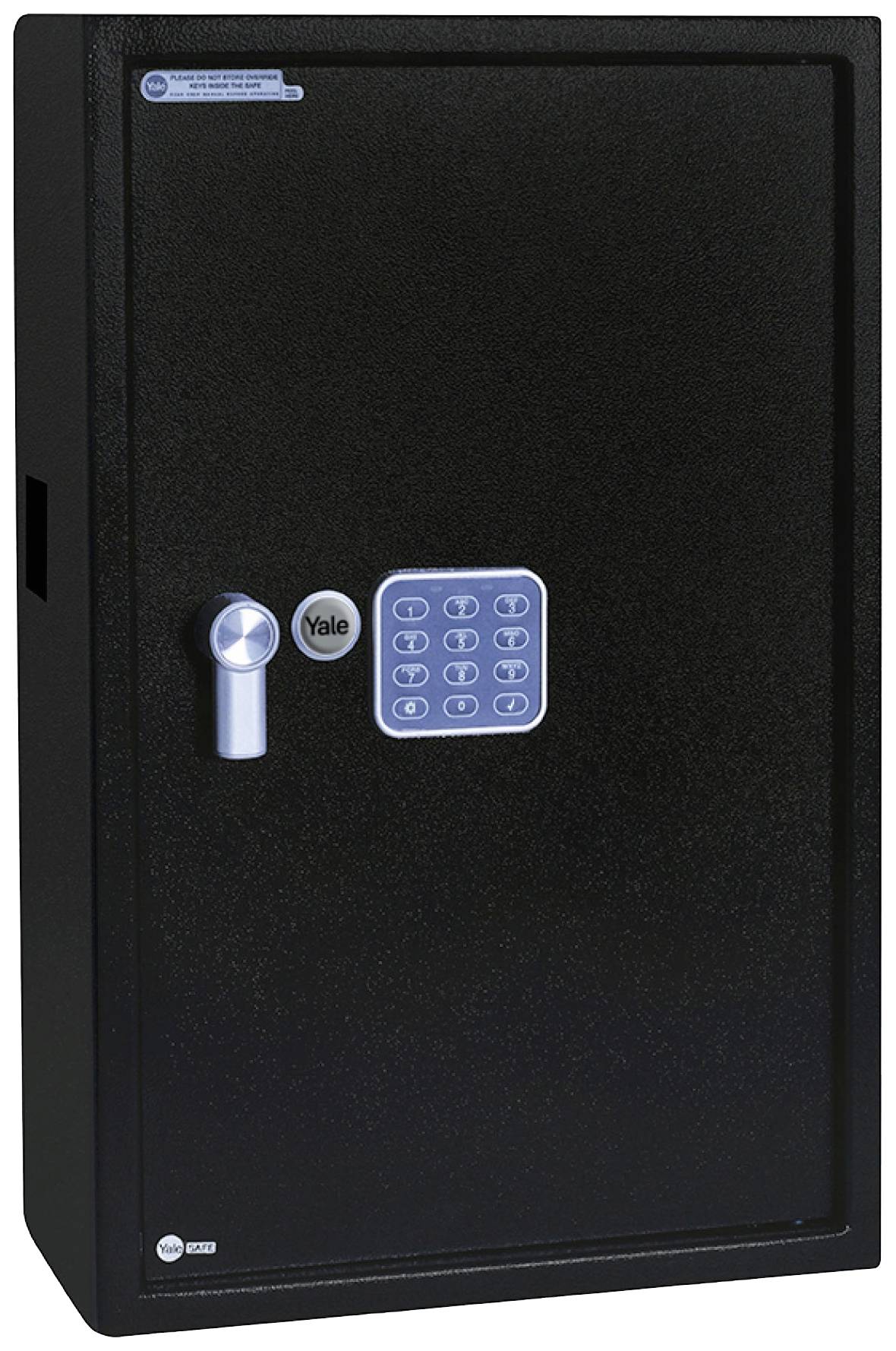 Un coffre-fort noir avec une serrure électronique à code et une poignée argentée. La serrure comporte des touches pour saisir le code.
