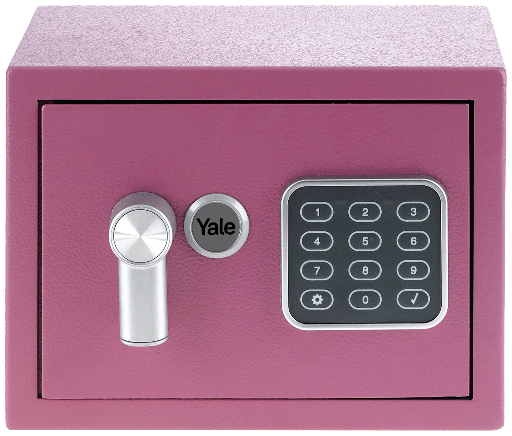 Un coffre-fort rose avec un pavé numérique digital et une poignée rotative sur la façade avant.