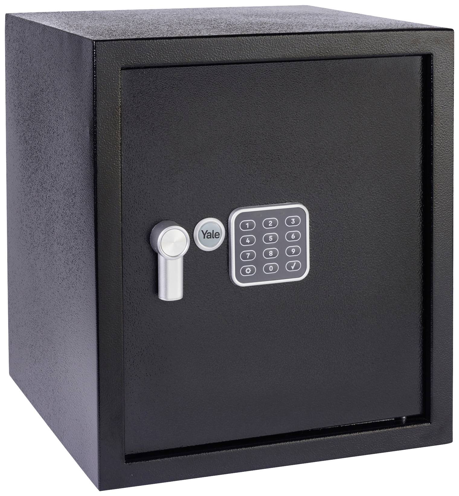Un coffre-fort noir avec un clavier électronique et une poignée mécanique. Le clavier dispose de touches numériques de 0 à 9.