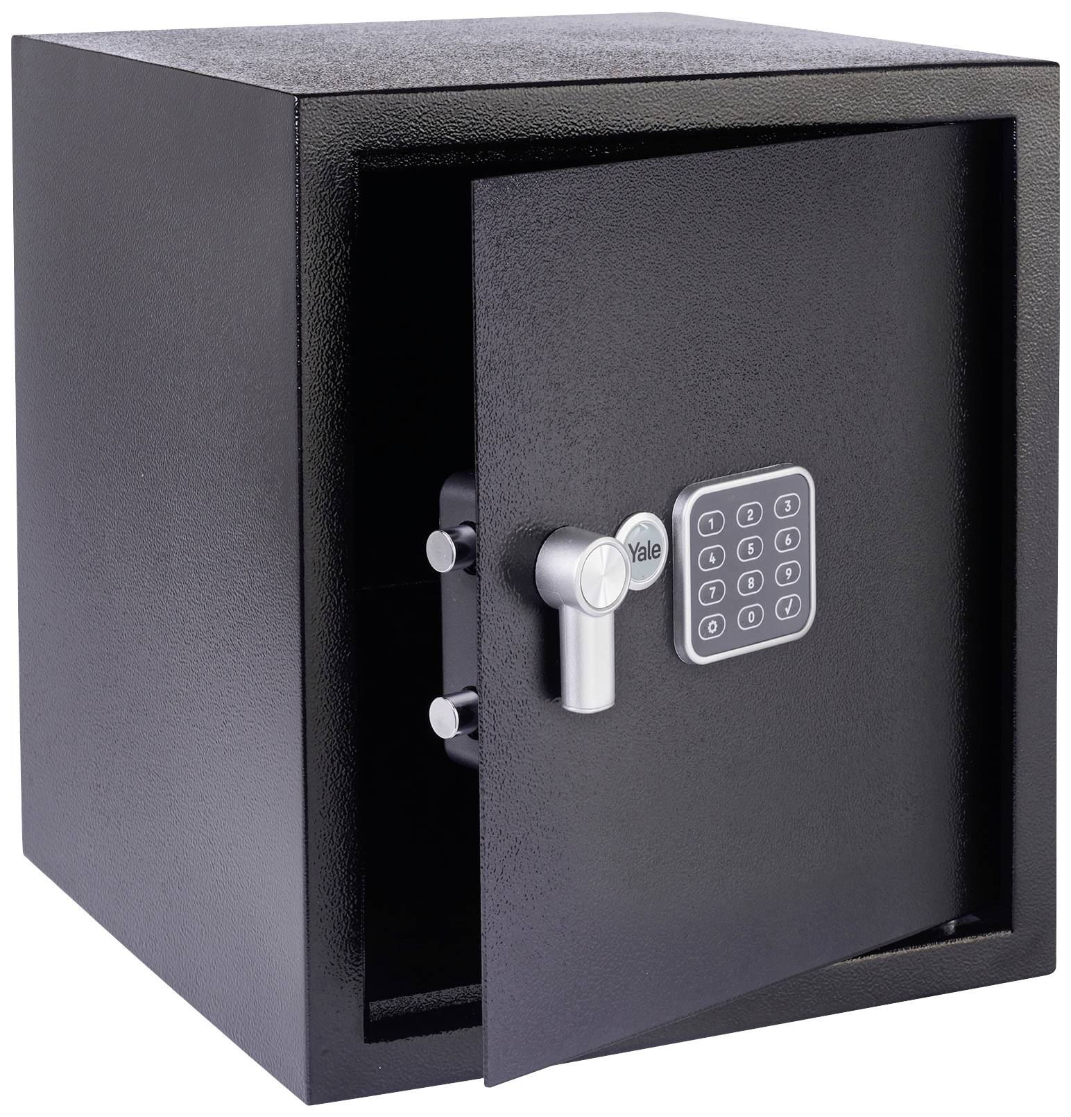 Un coffre-fort ouvert en noir avec un verrou électronique à chiffres et une poignée à levier, révélant un compartiment intérieur sécurisé et accessible.