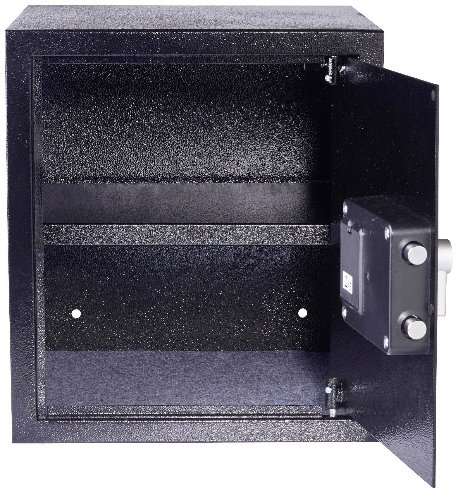 Un coffre-fort noir ouvert avec une étagère à l'intérieur. La porte est ouverte vers la droite et révèle l'intérieur vide du coffre-fort.