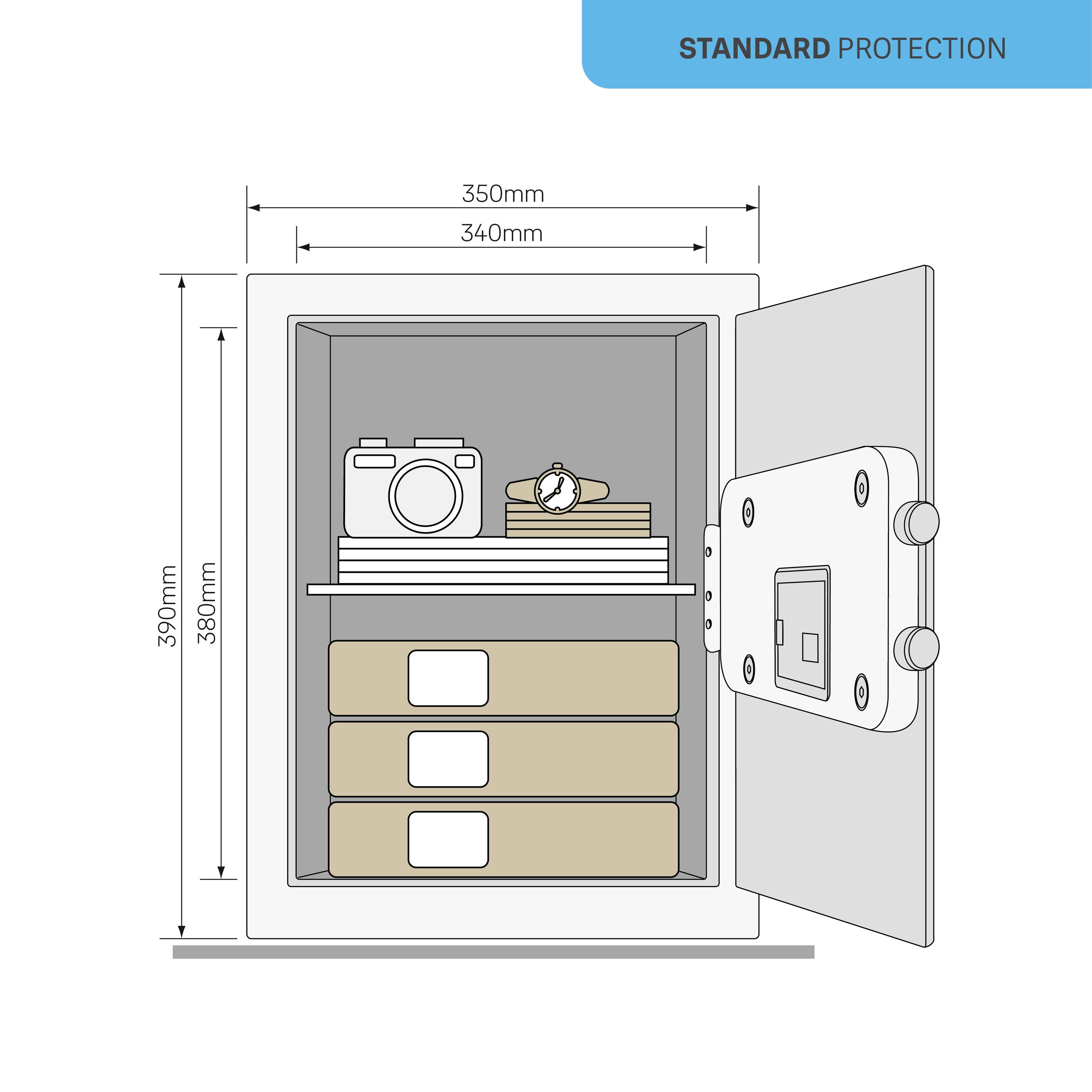 Coffre-fort ouvert avec caméra, horloge et documents sur trois étagères. Dimensions indiquées : 390 mm de hauteur, 350 mm de largeur, 380 mm de profondeur.