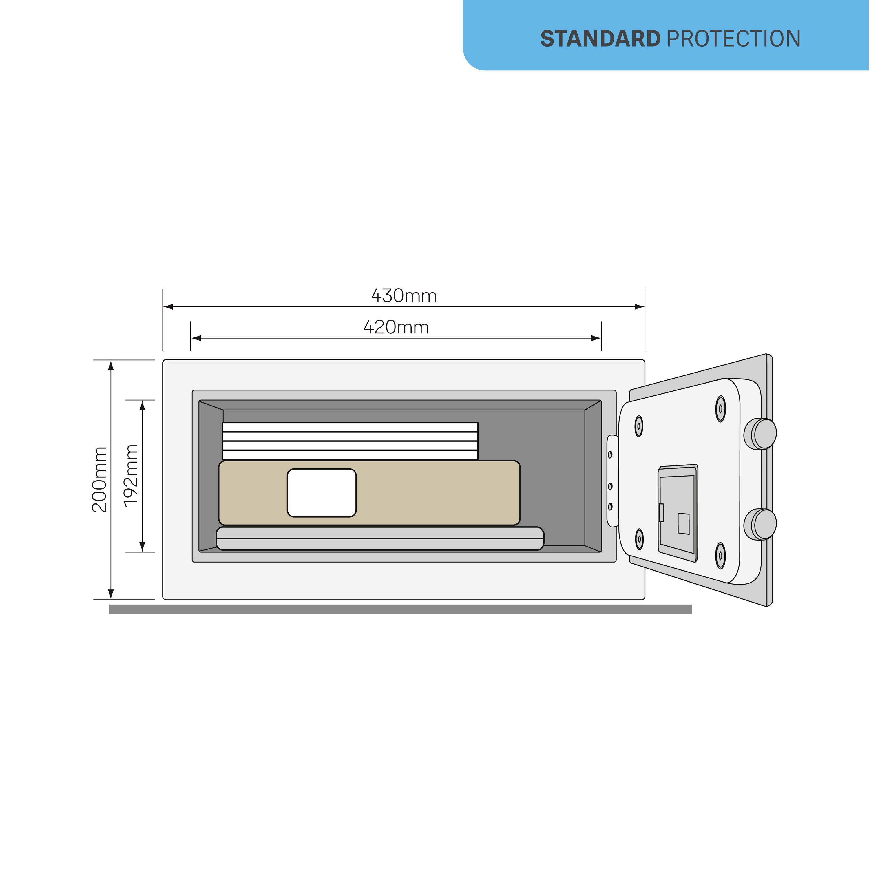 Un coffre-fort aux portes ouvertes montre une pile de documents à l'intérieur. Les dimensions extérieures sont de 430 mm de large, 200 mm de haut. Protection standard.