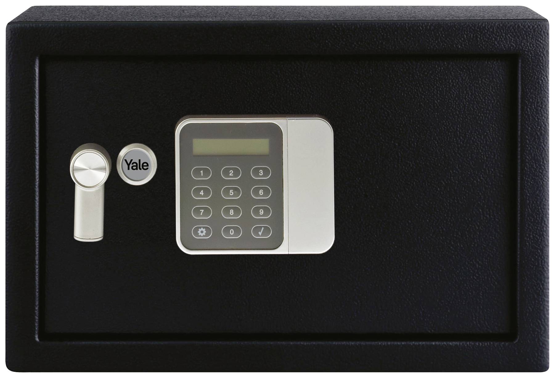 Un coffre-fort noir avec un panneau de code numérique électronique et une serrure mécanique sur le côté gauche.