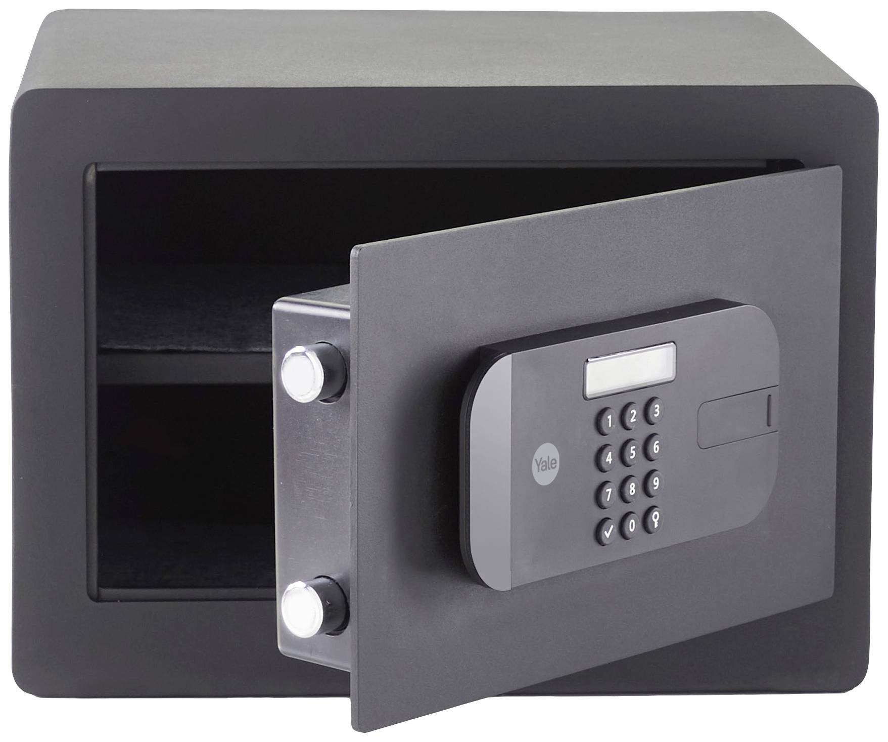 Coffre-fort noir avec serrure électronique, porte ouverte. Adapté pour le rangement sécurisé d'objets de valeur.