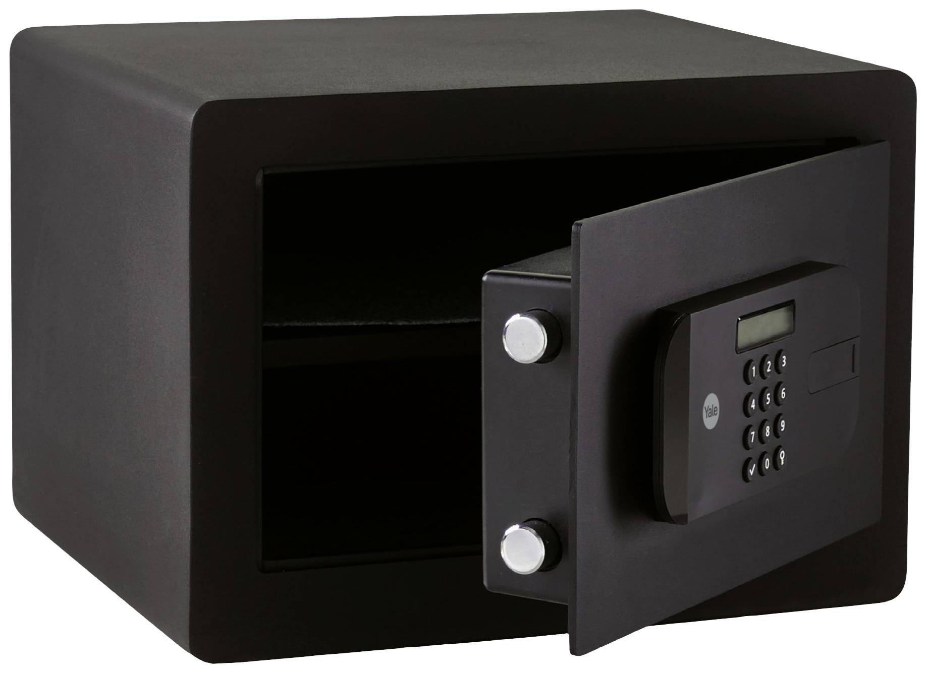 Un coffre-fort noir avec une porte ouverte, montrant le verrou électronique à chiffres et l'intérieur vide.