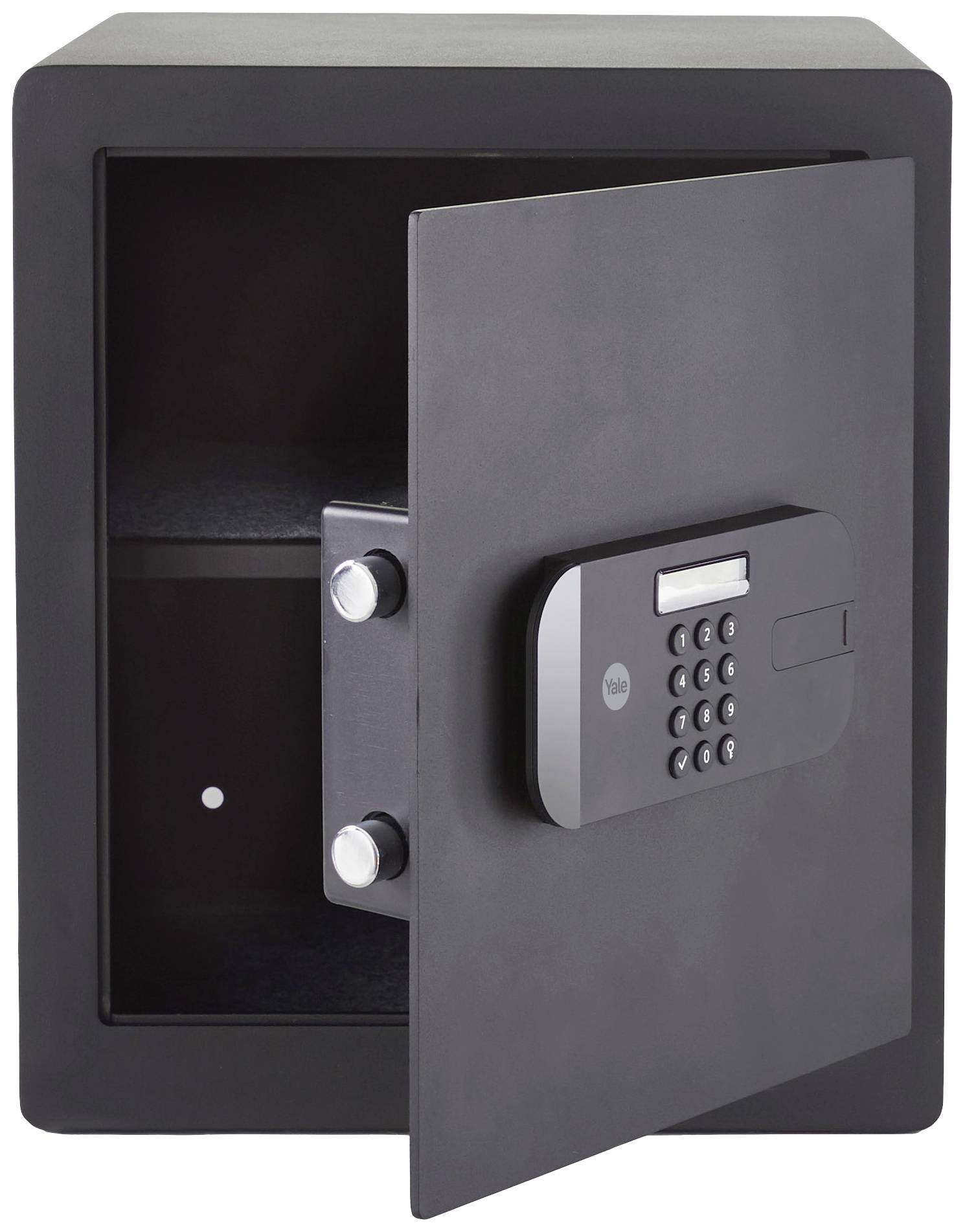 Coffre-fort sécurisé avec la porte ouverte, montrant son intérieur. Clavier de saisie de code visible. Adapté au stockage sécurisé.
