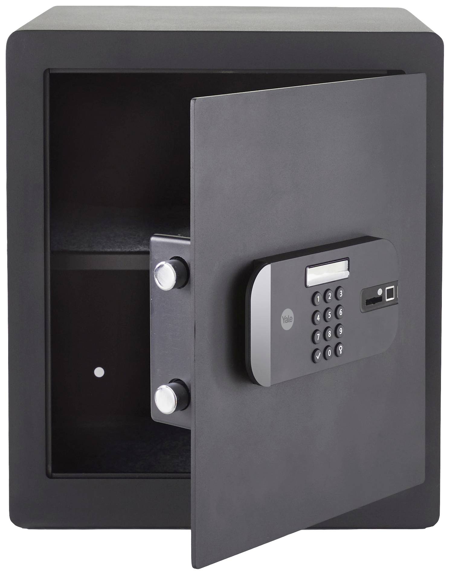 Un coffre-fort noir à la porte ouverte. Serrure électronique à code visible, deux verrous. L'intérieur est vide.