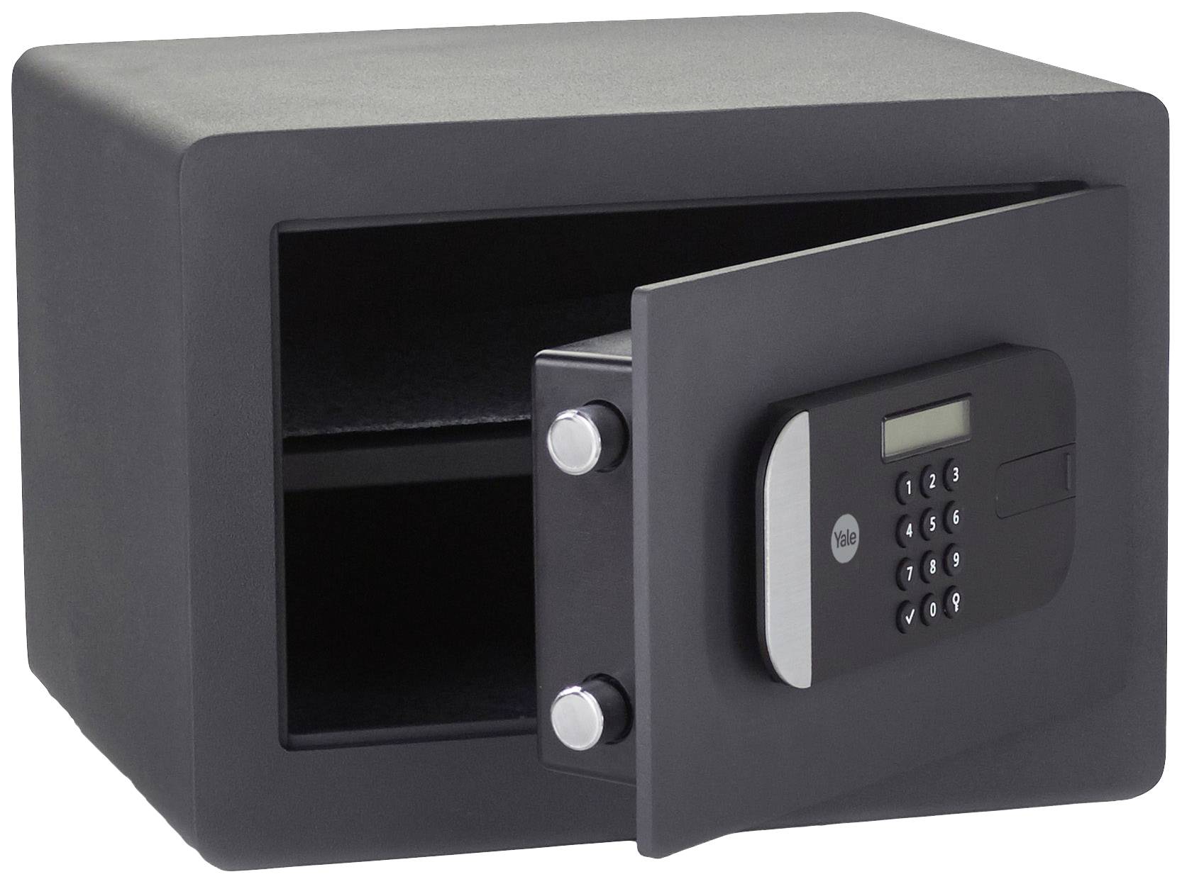 Un coffre-fort noir ouvert avec un verrou numérique. La porte est légèrement entrouverte et l'intérieur est vide.