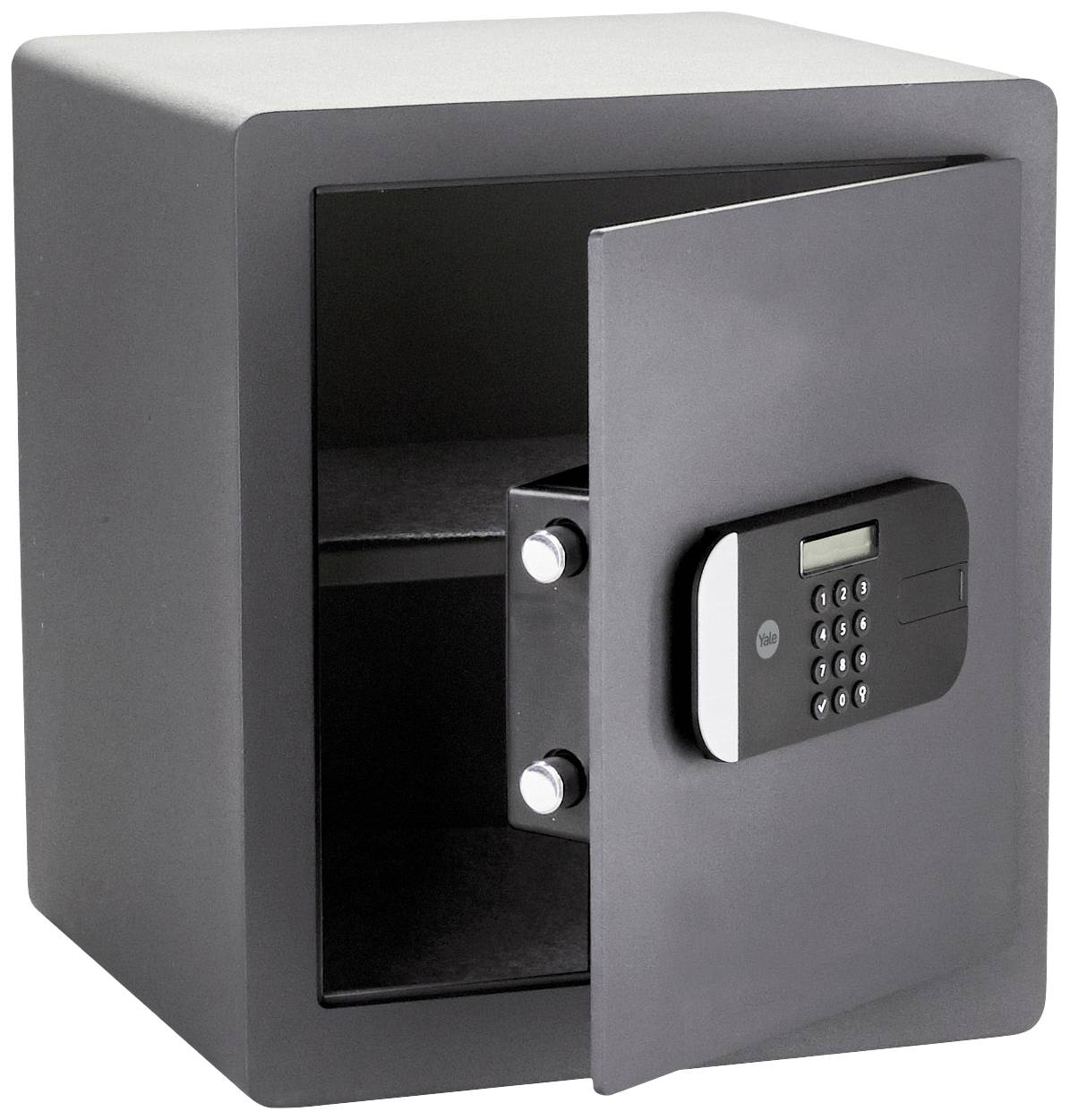 Coffre-fort noir avec porte ouverte, montrant un cadenas numérique. Intérieur visible, adapté pour le rangement sécurisé d'objets de valeur.