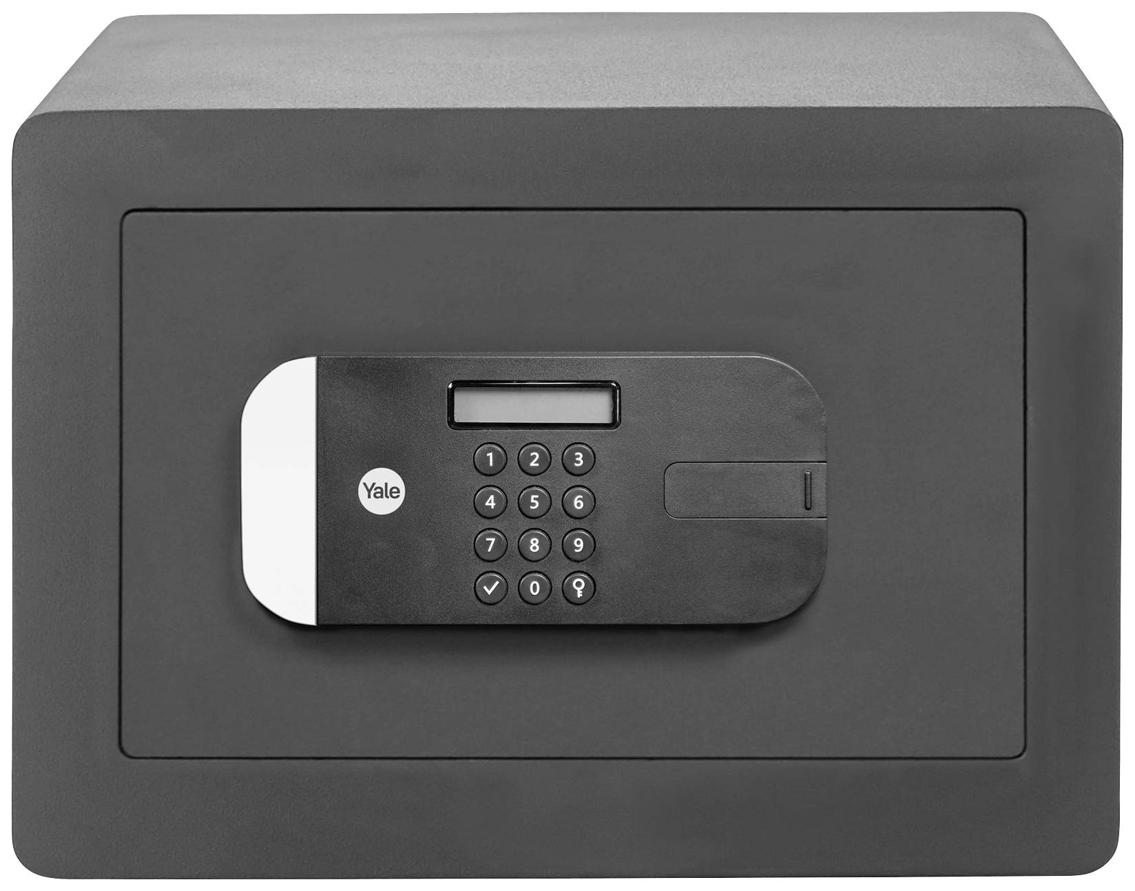 Coffre-fort gris avec serrure électronique à code et petit écran sur la face avant.
