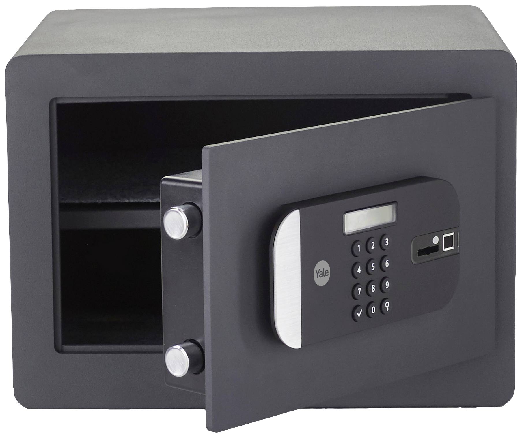 Un coffre-fort ouvert avec un verrou électronique à combinaison. La porte est légèrement entrouverte, et l'intérieur est vide.