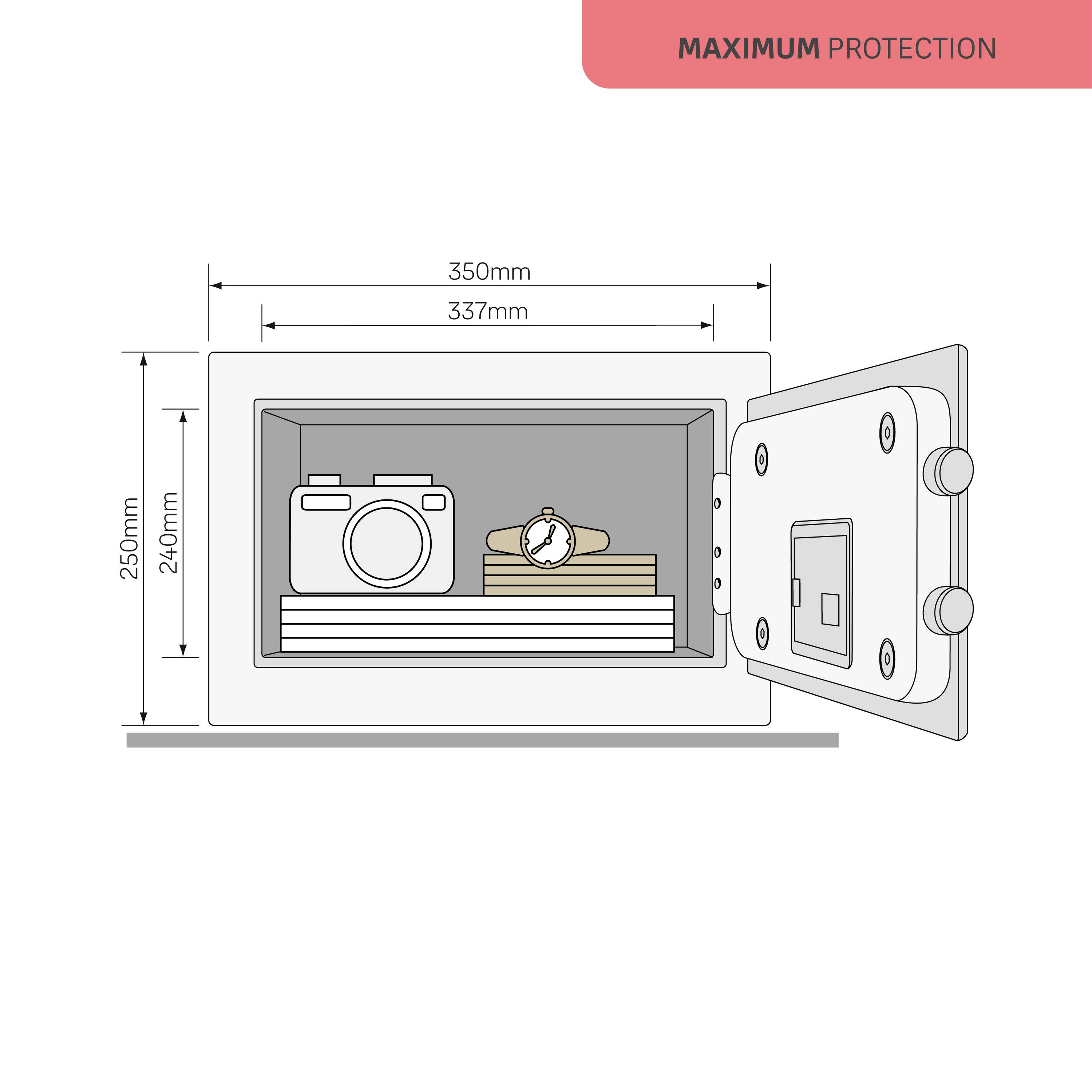 Un coffre-fort ouvert révèle des dimensions intérieures de 250 mm de hauteur, 350 mm de largeur. À l'intérieur se trouvent une caméra, des livres et une horloge. Texte : 'PROTECTION MAXIMALE'.