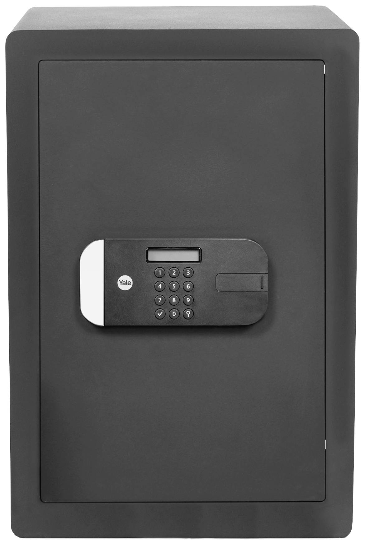 Coffre-fort noir avec serrure électronique à code et écran sur la face avant.