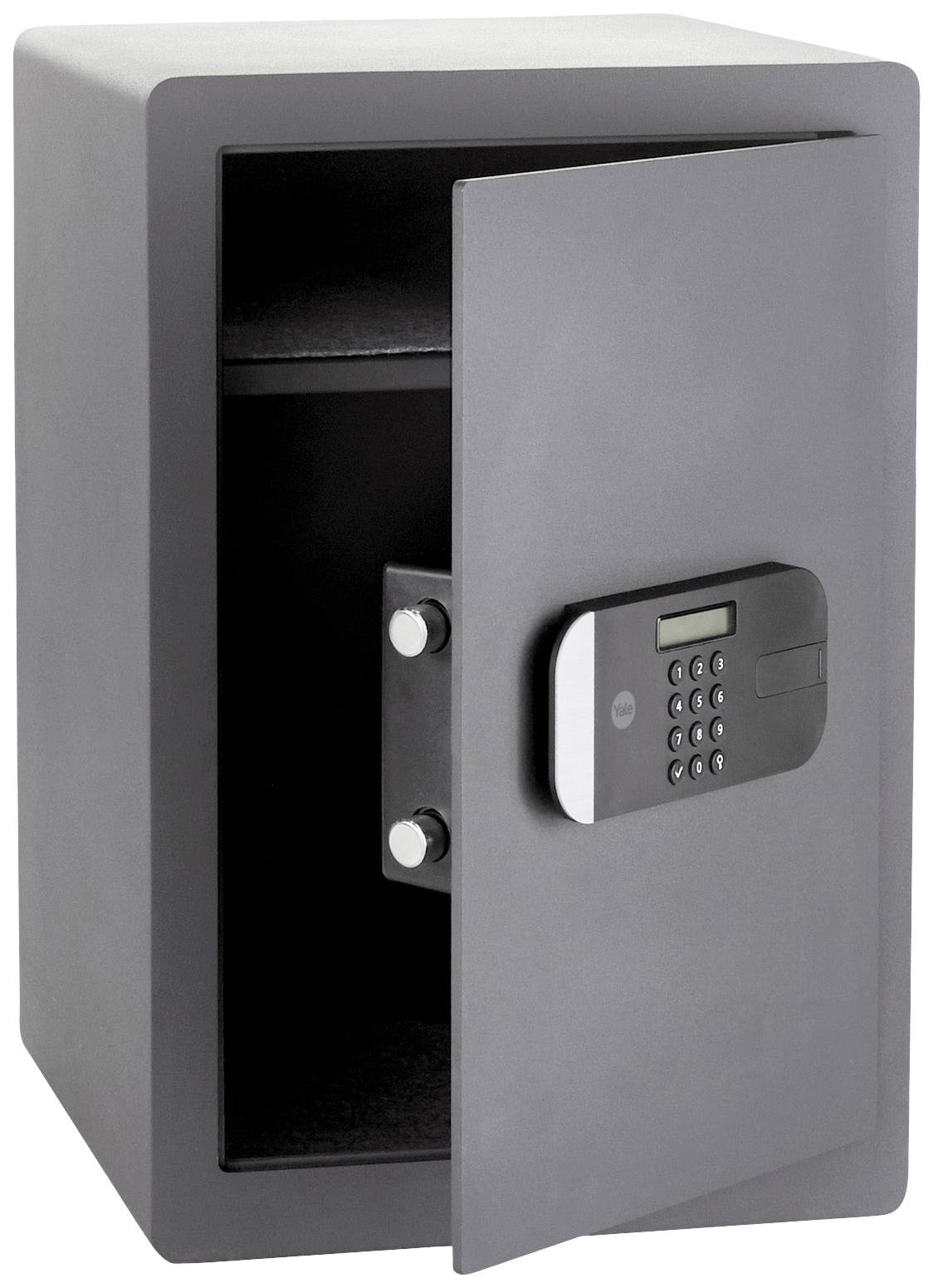 Un coffre-fort ouvert avec un verrou électronique, montrant un intérieur vide.