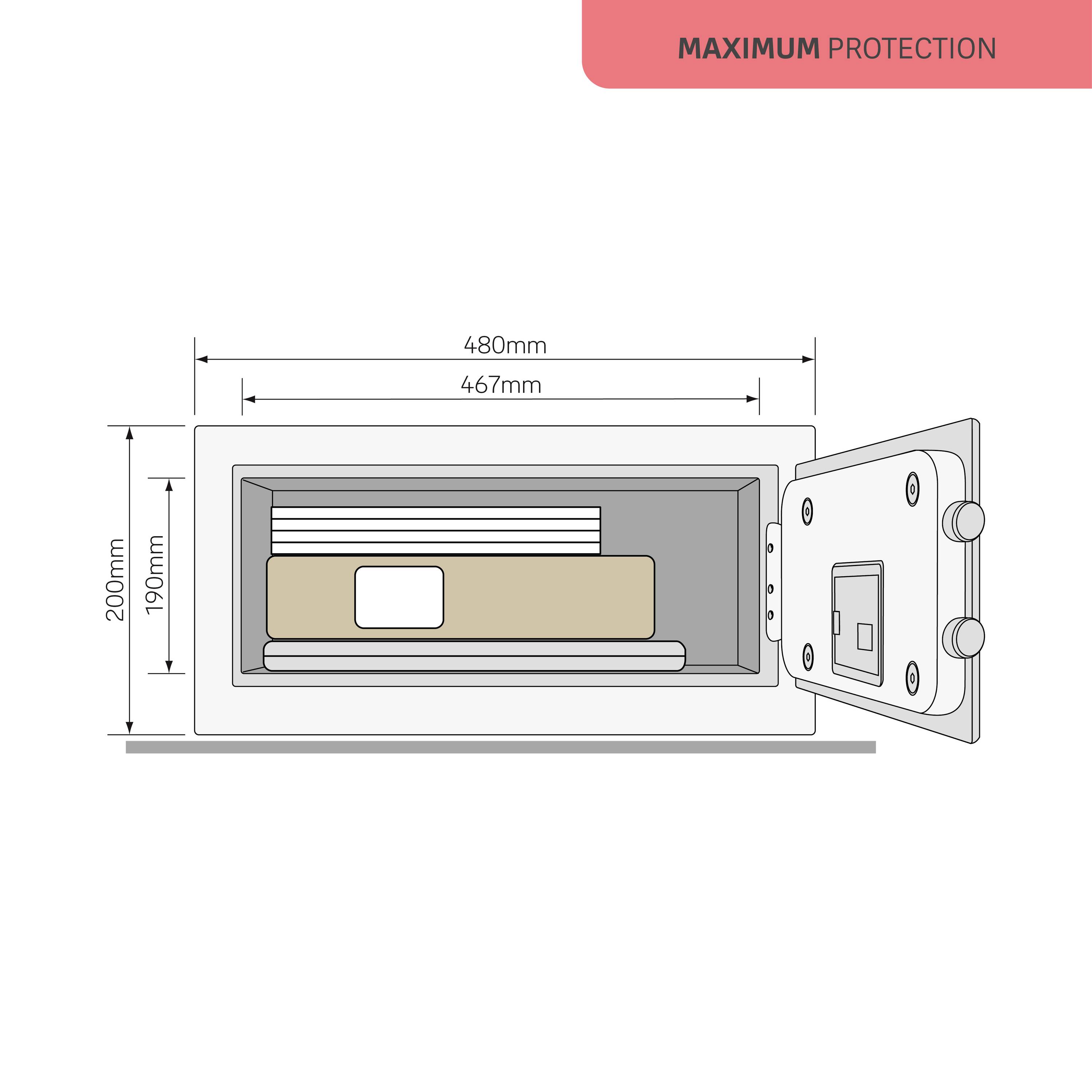 Un coffre-fort ouvert révèle des dossiers et des documents. Dimensions : 200 mm x 190 mm x 480 mm. Note en haut de la page : 'PROTECTION MAXIMALE'.