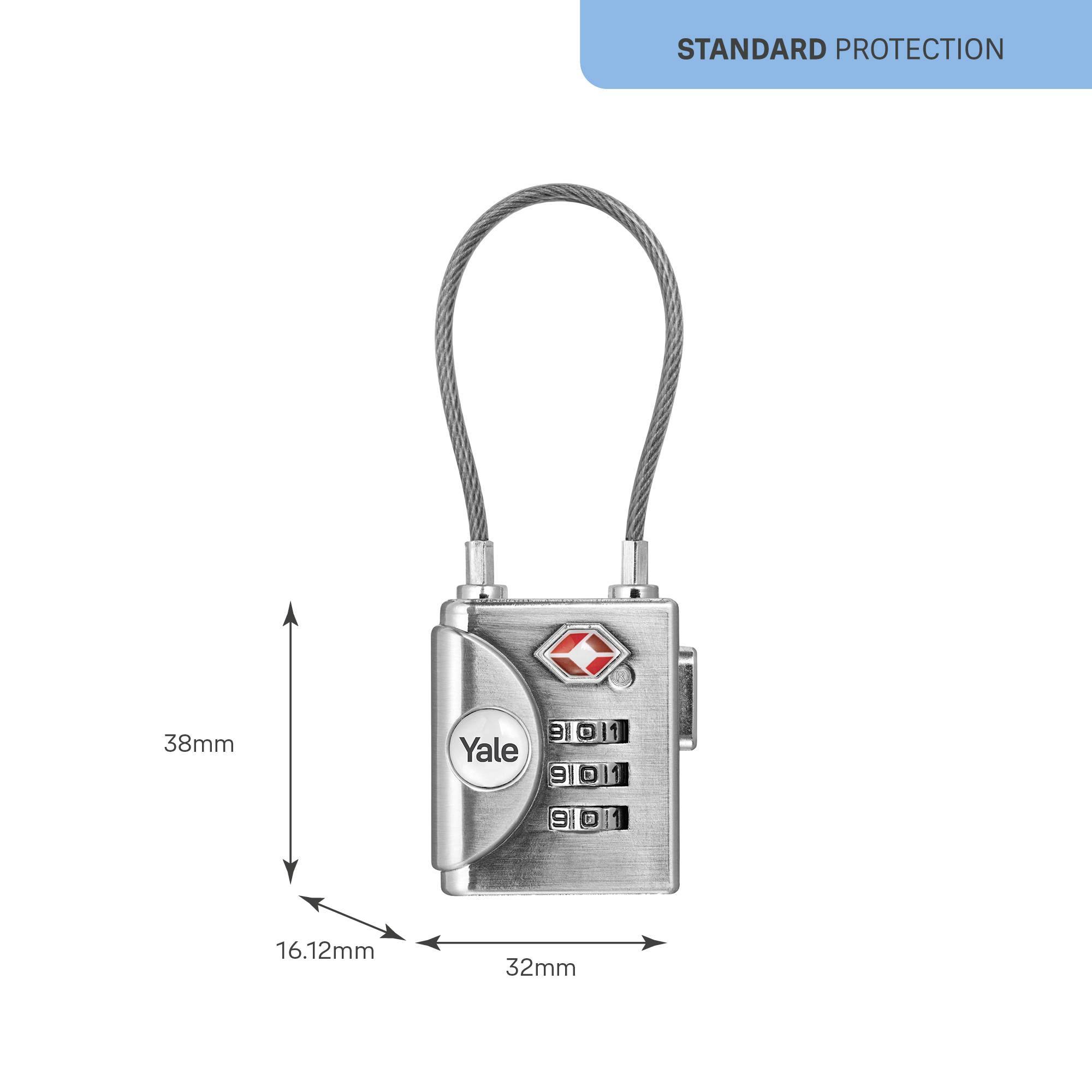 Un cadenas à combinaison en métal avec un pavé numérique de 0 à 9. Dimensions : 38 mm de haut, 32 mm de large, 16,12 mm de profondeur. "STANDARD PROTECTION" est encadré en haut.