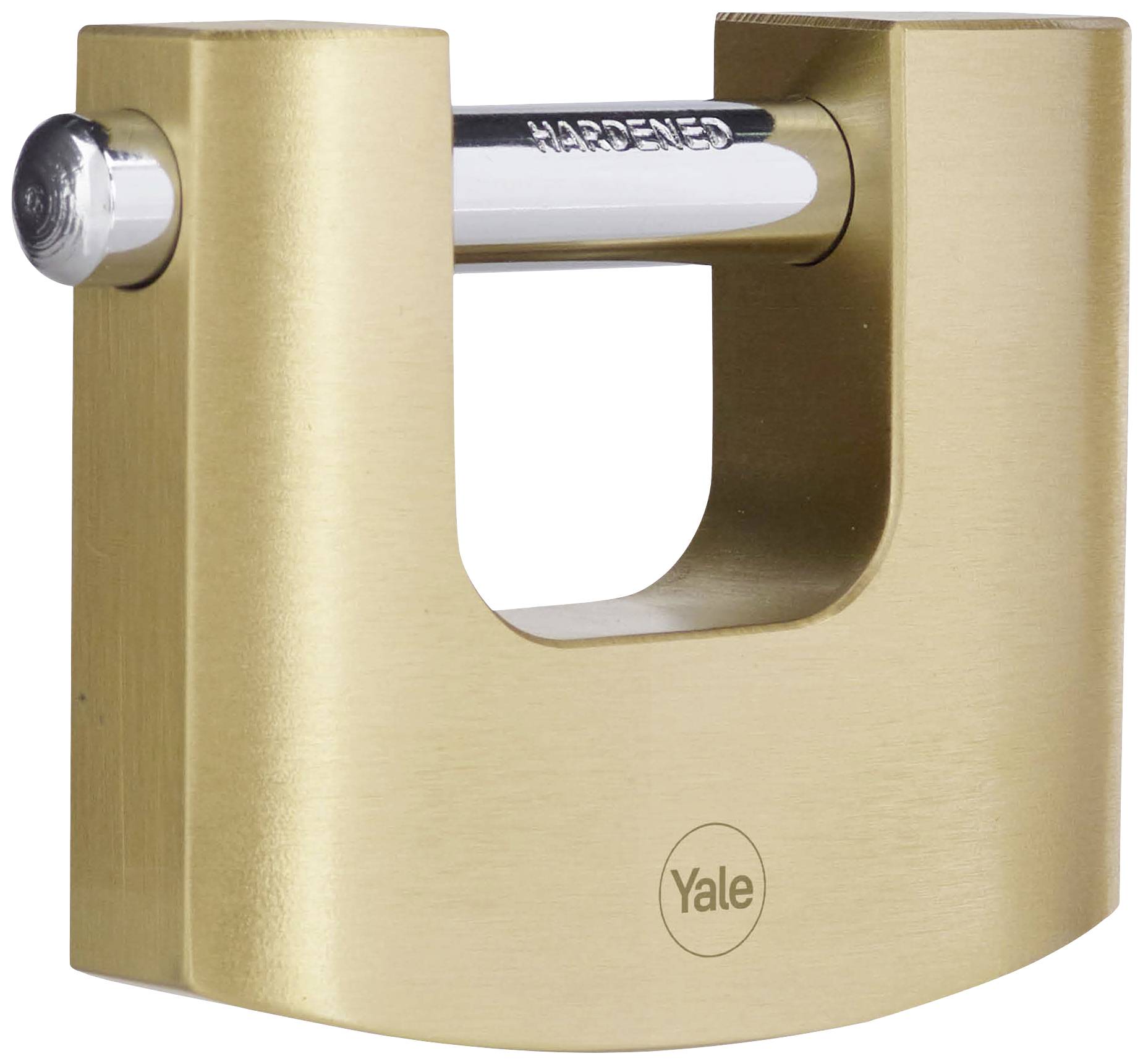 Un cadenas massif en laiton avec le logo 'Yale' estampé et un arceau renforcé en acier trempé, adapté pour une haute sécurité.