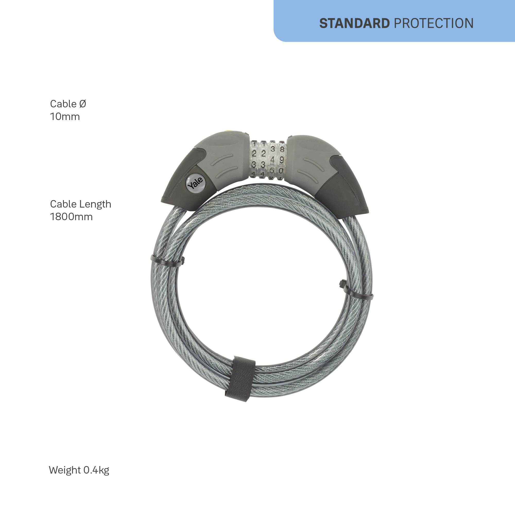 Un câble-antivol spiralé de 1800 mm de long et de 10 mm de diamètre, pesant 0,4 kg, offre une protection standard.